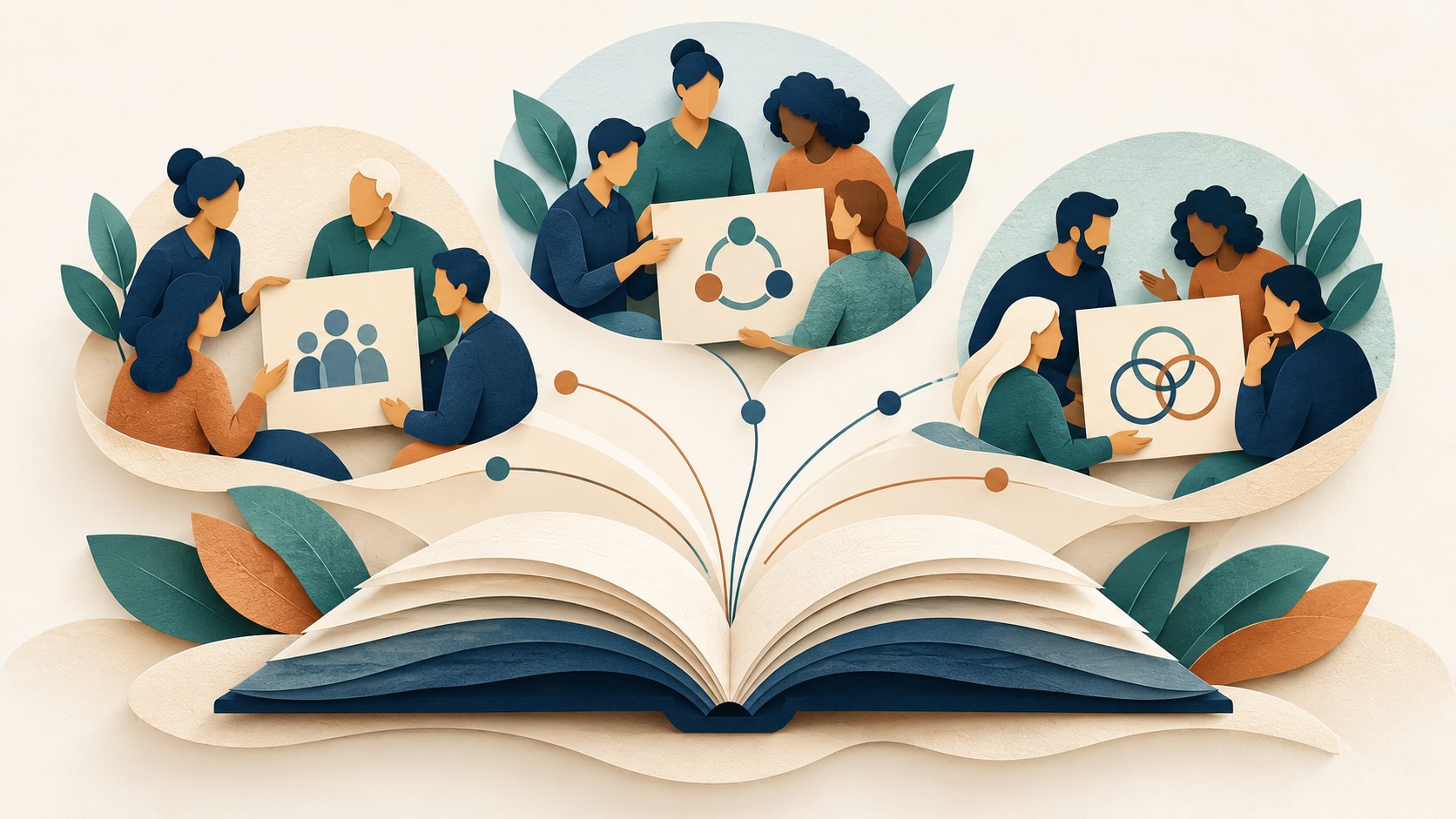 Illustration eines offenen Buchs, das drei Gruppen von Menschen als gemeinsames Wissen verbindet.